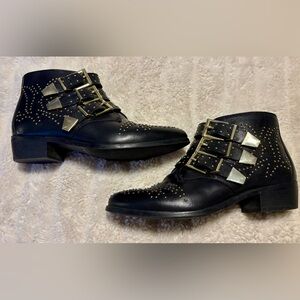 Office Girl Black Ankle Boots with Gold Studs and Buckles